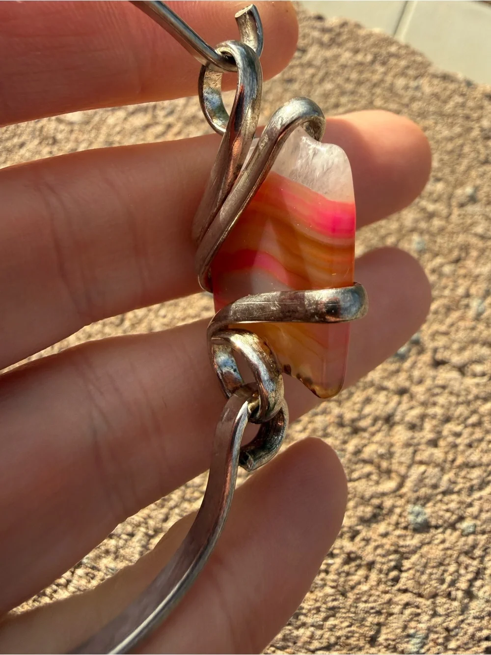 Handmade Sterling Silver Wire-Wrapped Cuff Bracelet | Pink & Orange Banded Agate